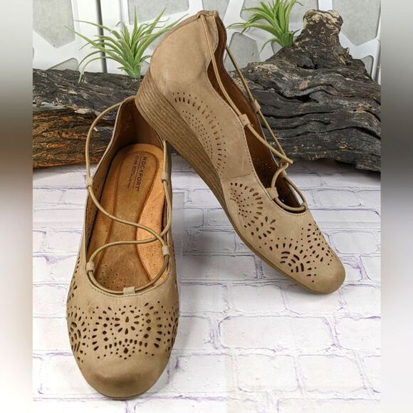 Rockport Cobb Hill Judson Cross Wedge Khaki Nubuck Flat - Picture 1 of 8